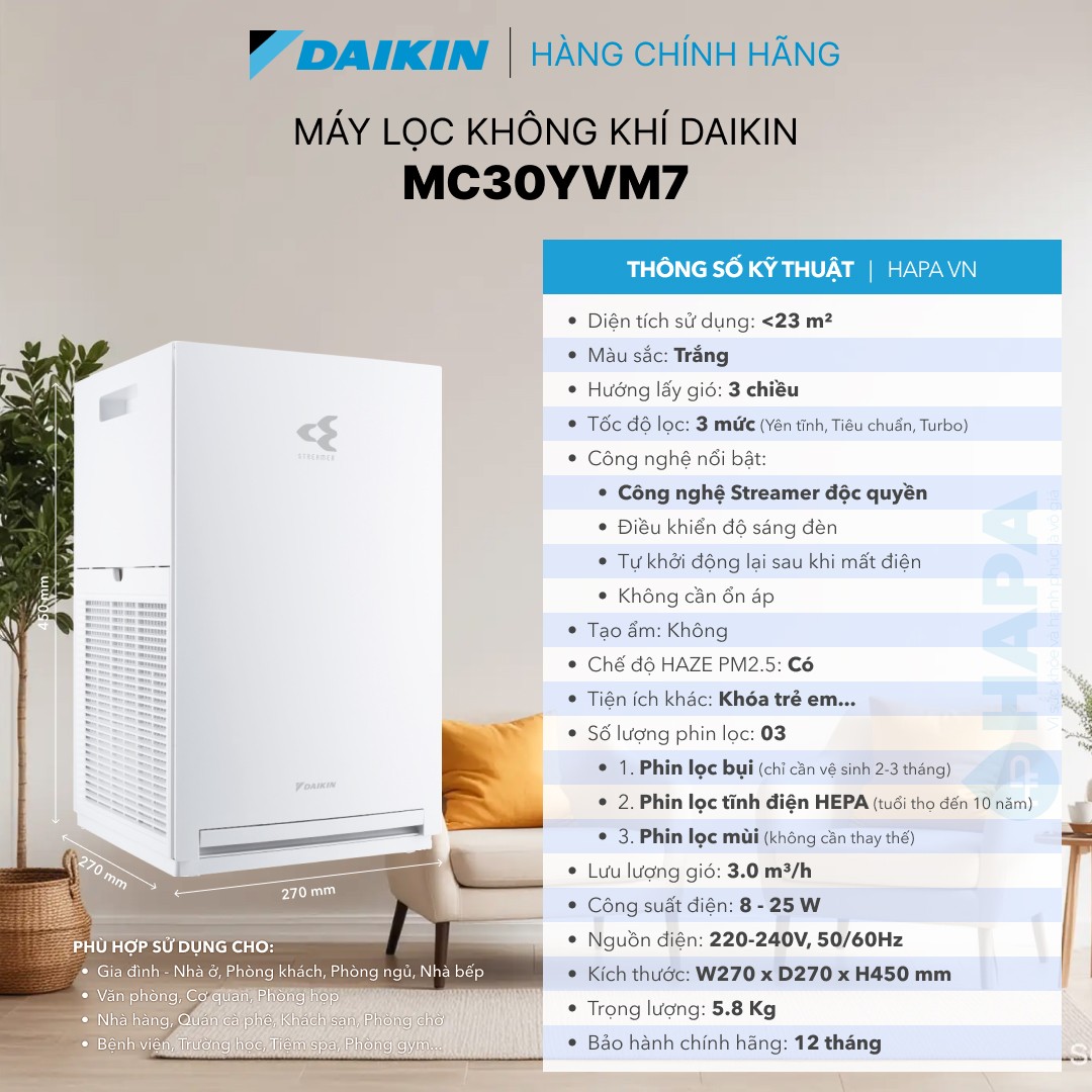 Thông số kỹ thuật Máy Lọc Không Khí DAIKIN MC30YVM7