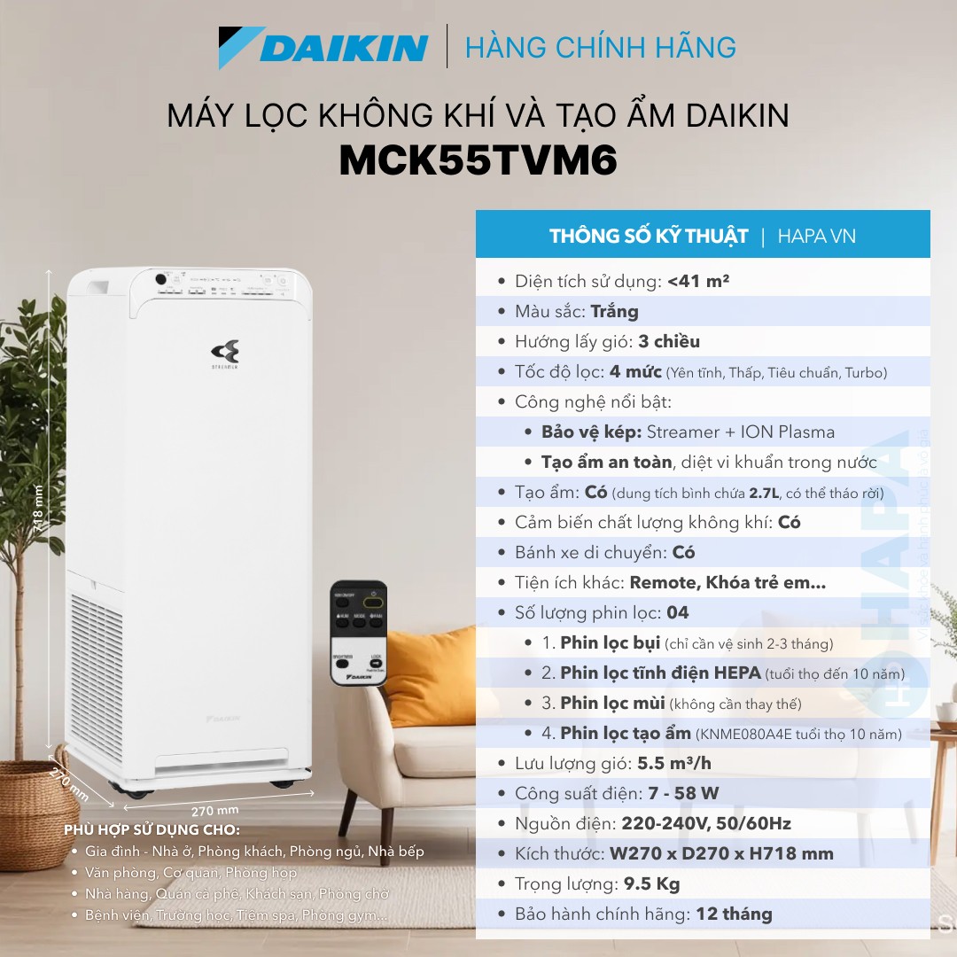 Thông số kỹ thuật Máy Lọc Không Khí DAIKIN MCK55TVM6