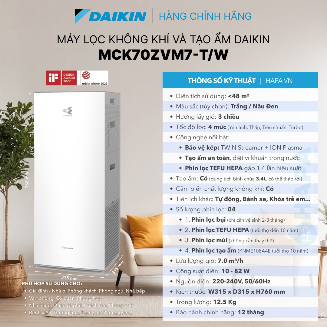 Thông số kỹ thuật Máy Lọc Không Khí DAIKIN MCK70ZVM7-T/W