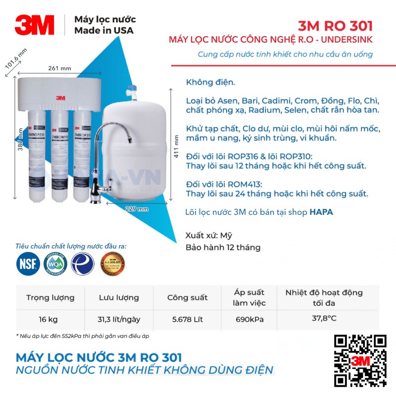 Thông số kĩ thuật Máy Lọc Nước 3M RO301 tại The Nexus Tower 1, Quận 1, TP. HCM