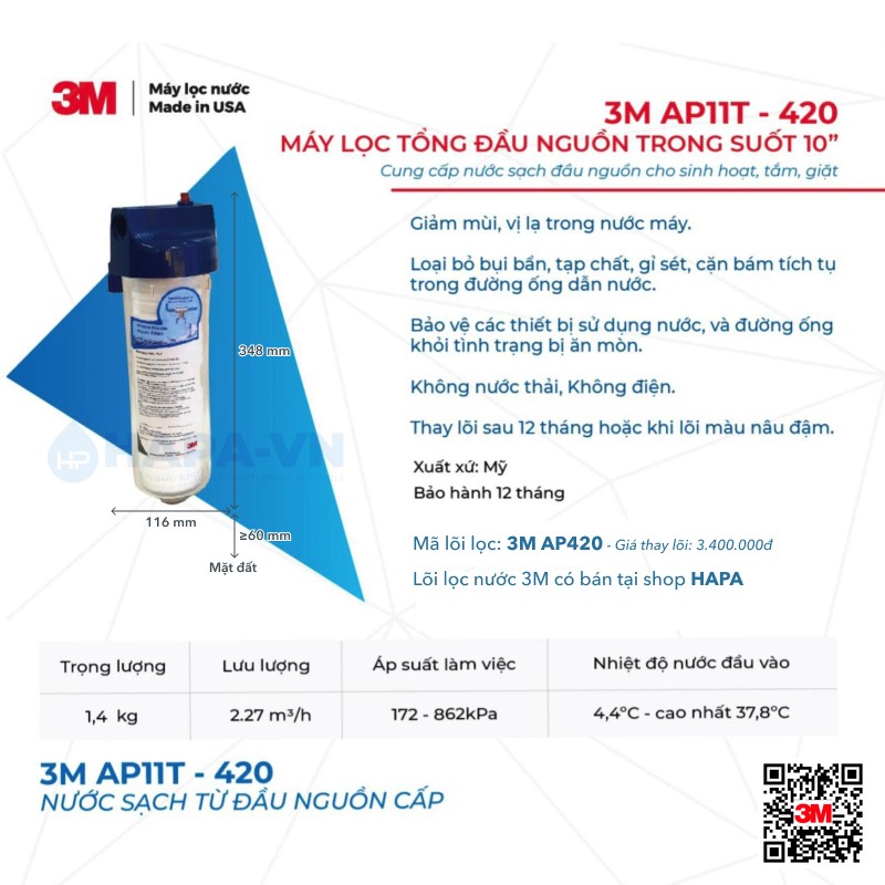 Thông số kĩ thuật của Máy Lọc Nước Đầu Nguồn 3M AP11T-420