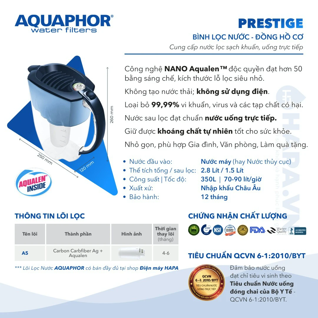Thông số kỹ thuật Bình Lọc Nước Uống AQUAPHOR 1