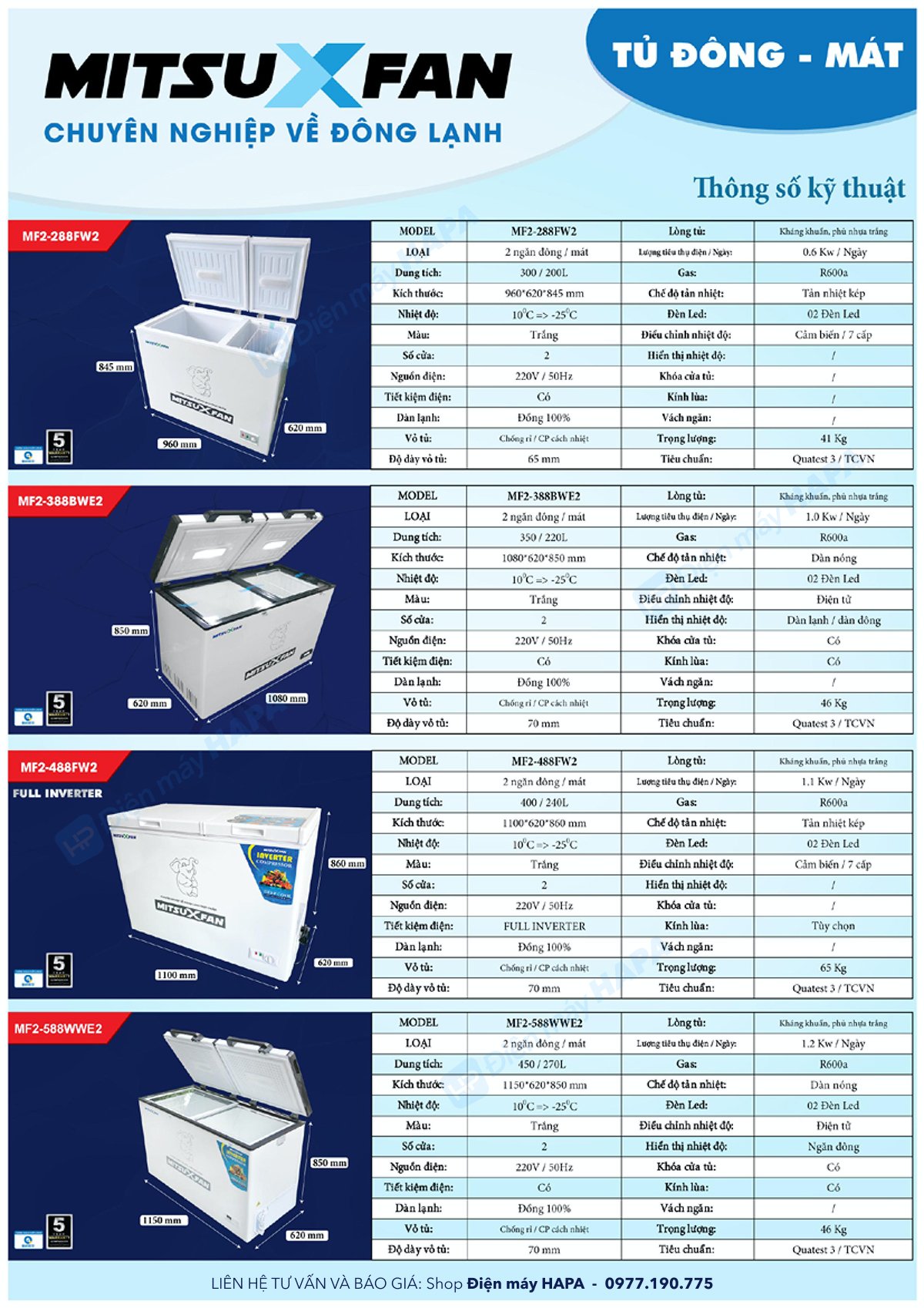 Tủ Đông + Mát Cao Cấp MITSUXFAN Đầy Đủ Model - 1 ngăn đông + 1 ngăn mát, Euro Design, Inverter - Hàng Chính Hãng