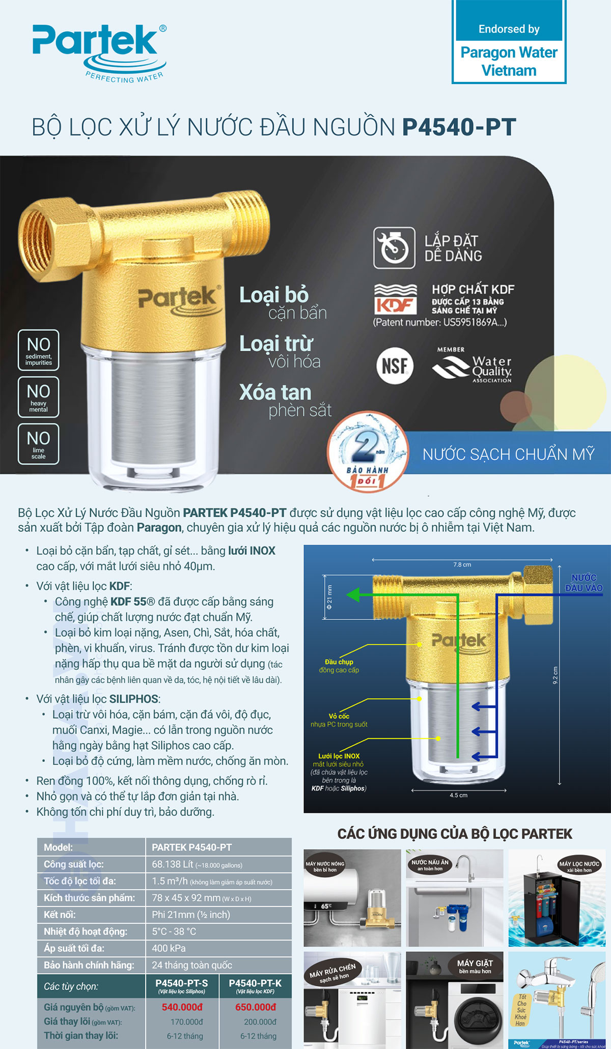 Ứng dụng của SILIPHOS trong Bộ Tiền Xử Lý Nước PARTEK P4540-PT-S