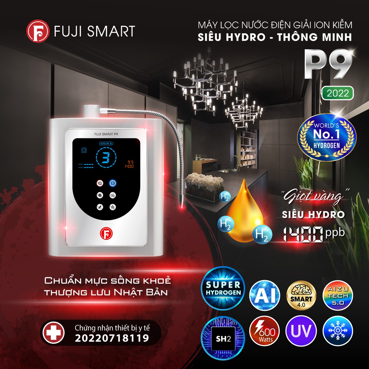 Với công nghệ điện giải siêu Hydro độc quyền với 2 buồng điện phân kép, hiệu suất gấp 4-5 lần so với buồng đơn, tạo ra nồng độ Hydro hòa tan cao nhất