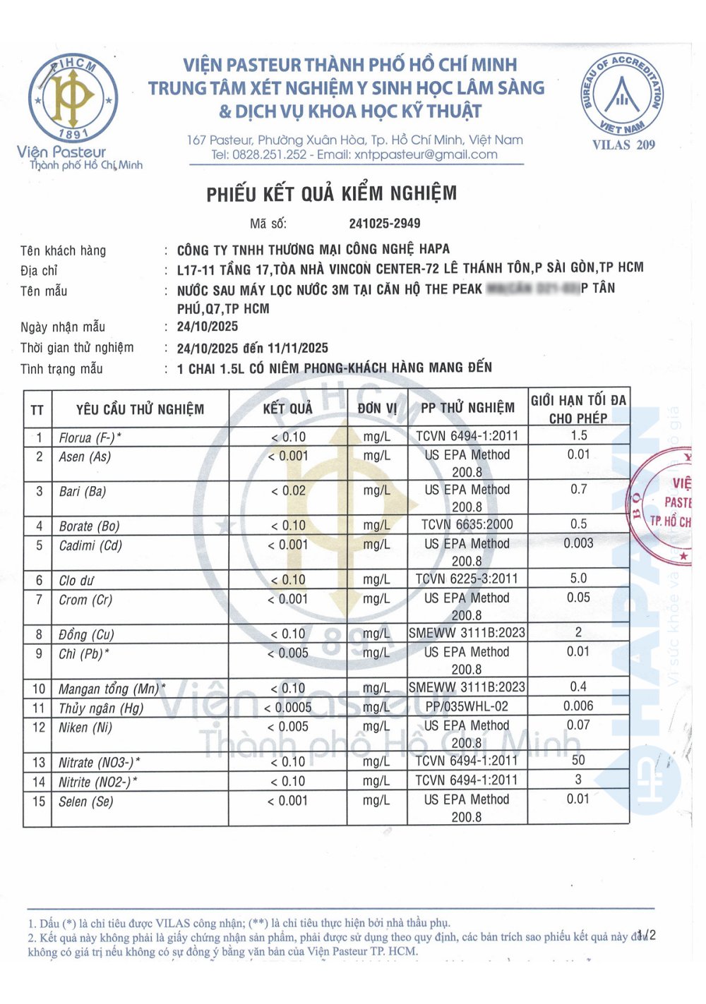 Kết quả kiểm nghiệm nước sau lọc Máy Lọc Nước 3M tại Viện Pasteur - Lắp đặt tại HAPA.VN - 1