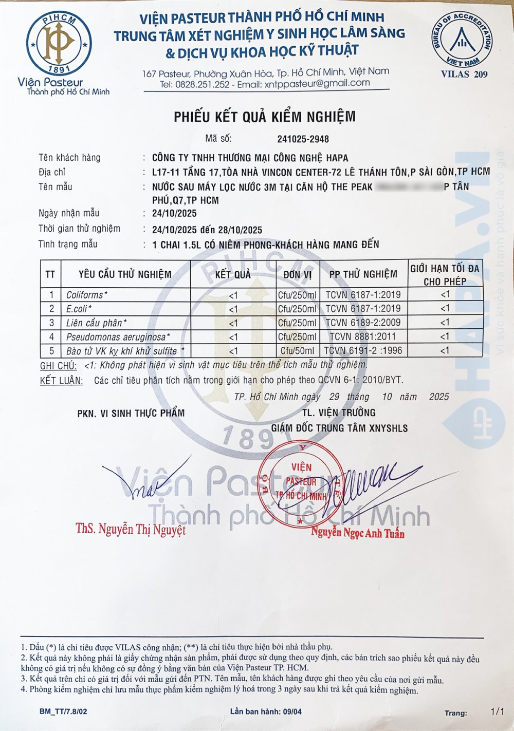 Kết quả kiểm nghiệm nước sau lọc Máy Lọc Nước 3M tại Viện Pasteur - Lắp đặt tại HAPA.VN - 1