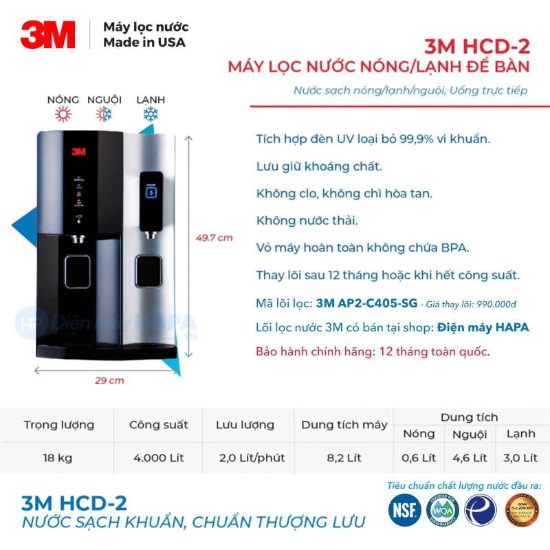 Thông số kỹ thuật của Máy Lọc Nước Nóng Lạnh Để Bàn 3M HCD-2 Cao Cấp