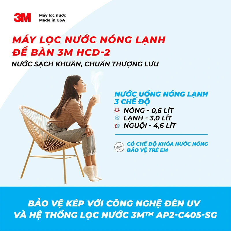 Máy Lọc Nước Nóng Lạnh Để Bàn 3M HCD-2 Cao Cấp - Nước sạch khuẩn, Chuẩn thượng lưu