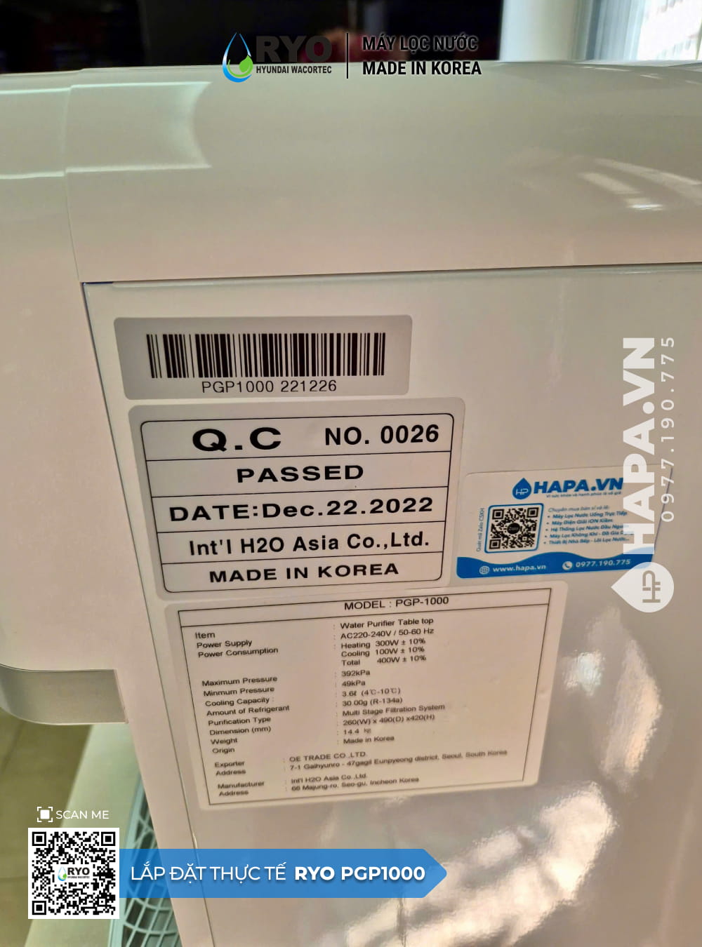 Máy Lọc Nước Nóng Lạnh Để Bàn RYO Hyundai PGP1000 lắp đặt tại Quận 7 - 3