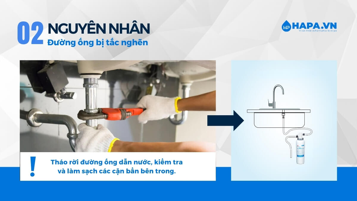 Rong rêu, cặn bẩn làm tắc nghẽn đường ống khiến cho nước không thể chảy vào máy lọc