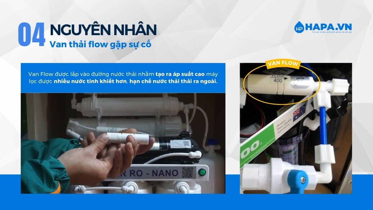Van thải flow bị hư do áp lực nước đầu vào lớn