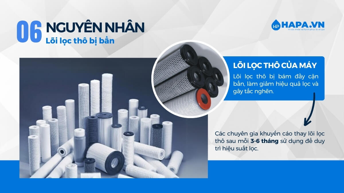 Lõi lọc thô bị bám đầy cặn bẩn, cũng làm giảm hiệu quả lọc, gây tắc nghẽn