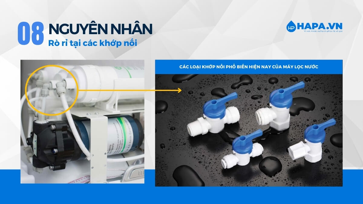 Đường ống và cút nối bị bể hoặc lắp đặt không đúng kỹ thuật, gây rò rỉ nước