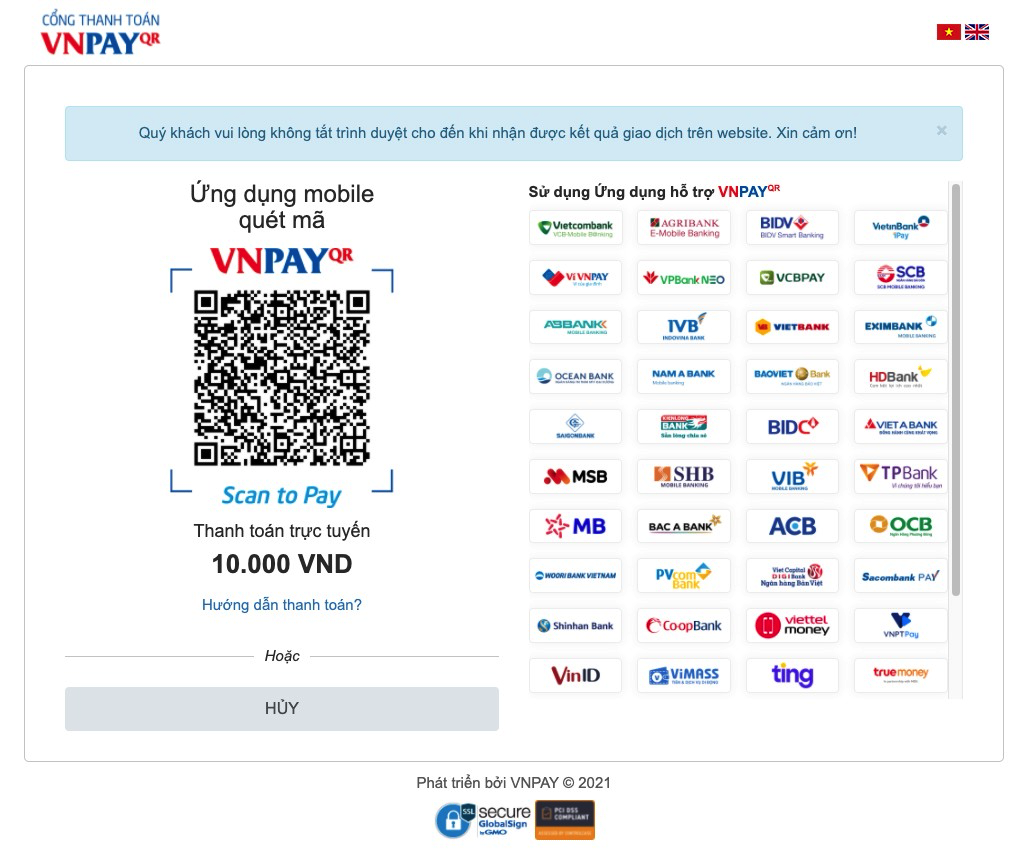 Thanh toán trực tuyến trên Website qua Cổng thanh toán VNPAY - Website hapa.vn - 02
