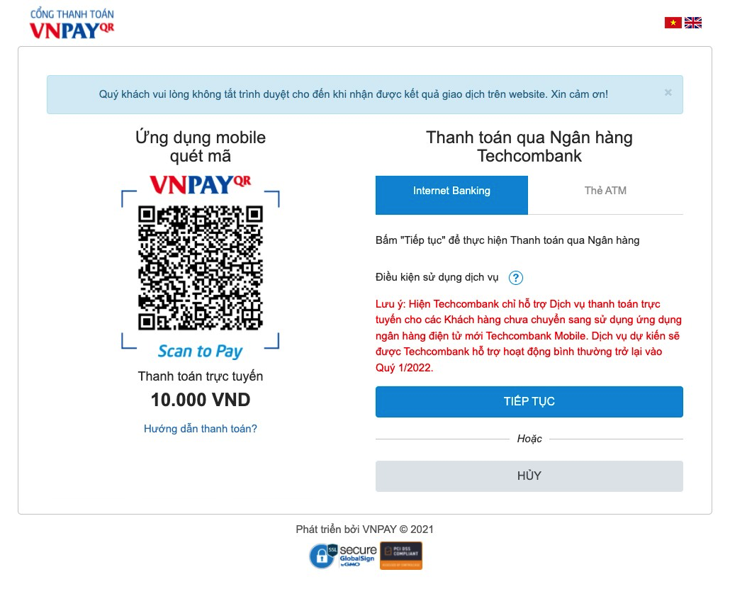 Thanh toán trực tuyến trên Website qua Cổng thanh toán VNPAY - Website hapa.vn - 04