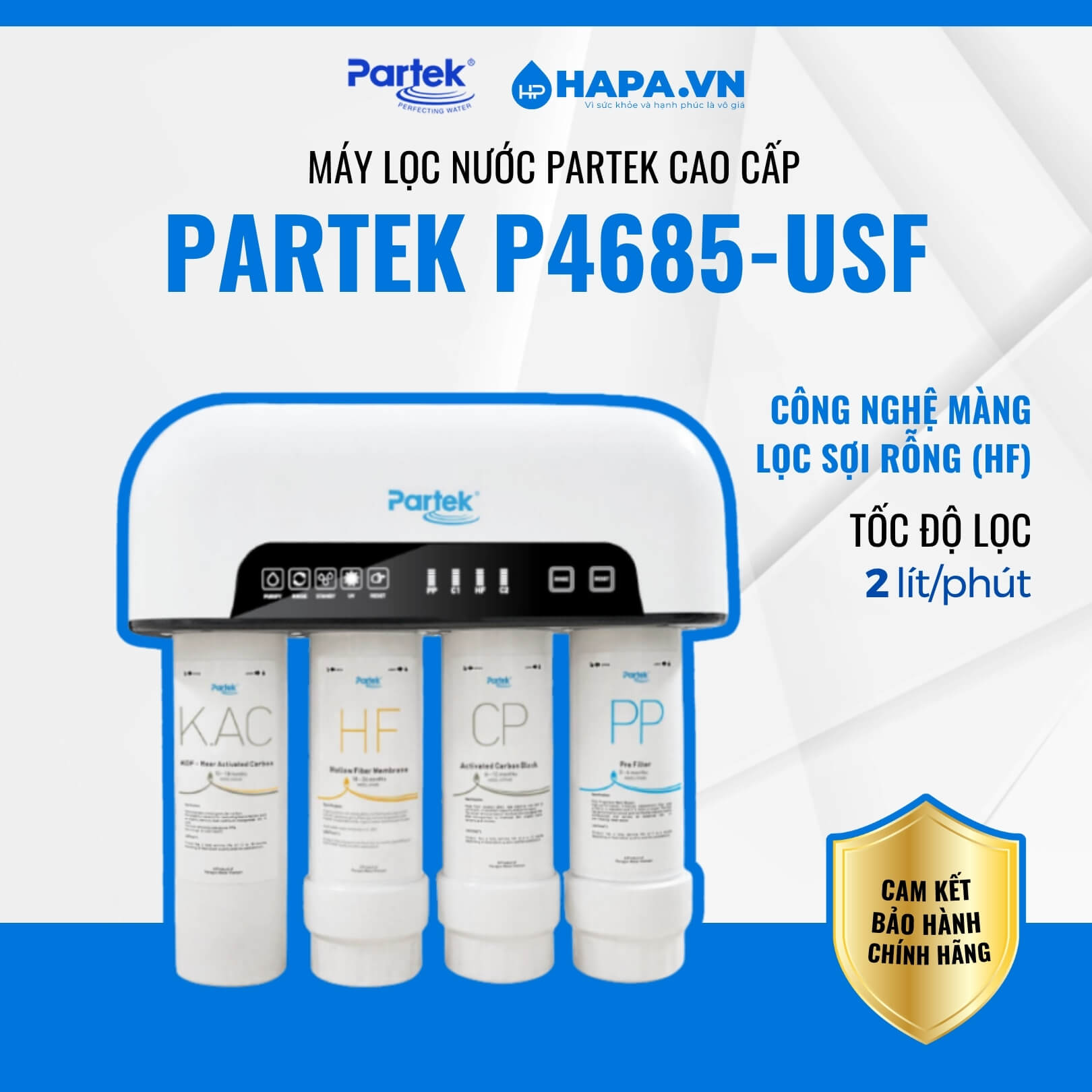 Máy lọc nước Partek P4685-USF với công suất lọc 2 lít/phút và tuổi thọ lõi lọc ấn tượng