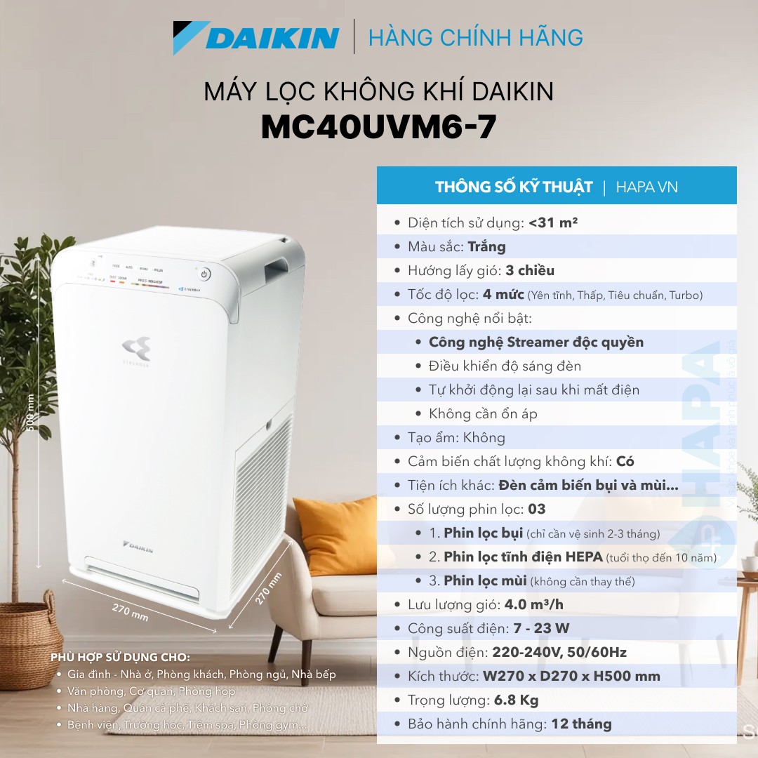 Thông số kỹ thuật Máy Lọc Không Khí DAIKIN MC40UVM6-7