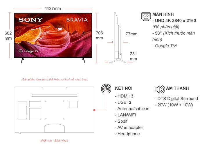 Smart Google Tivi 4K Sony KD-50X75K 50 inch 2022 chính hãng