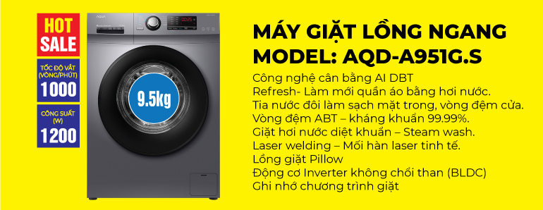 Máy giặt lồng ngang Aqua 9.5 kg inverter AQD-A951G.S giá rẻ