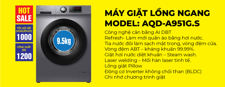 Máy giặt lồng ngang Aqua 9.5 kg inverter AQD-A951G.S giá rẻ