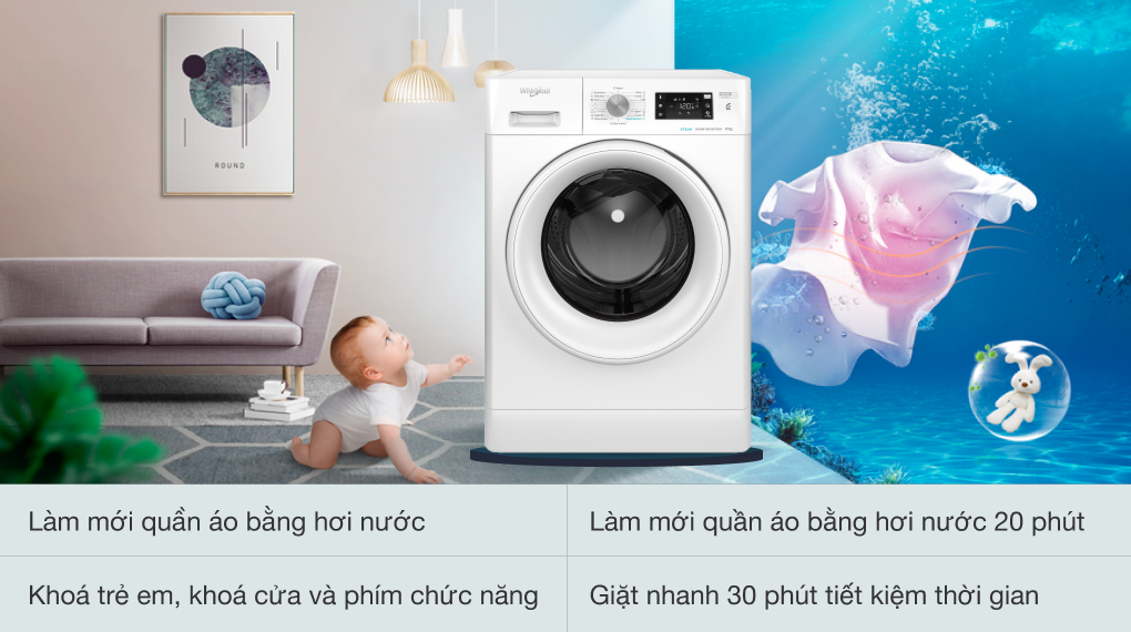 Máy giặt Whirlpool lồng ngang 8 kg inverter FFB8458WV EU 2022 giá rẻ