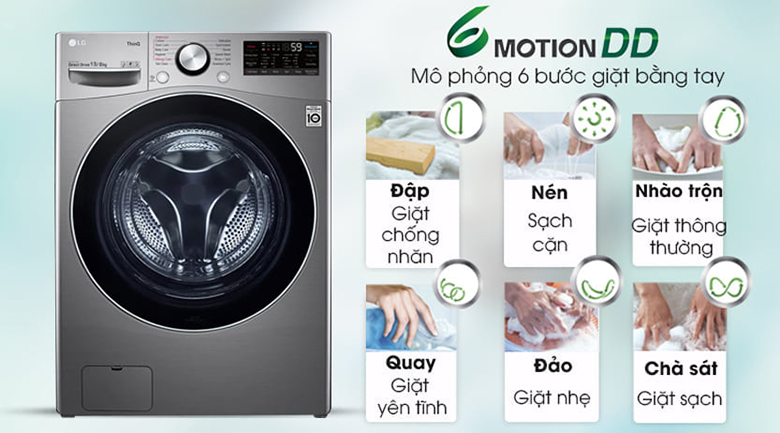 Máy giặt sấy lồng ngang LG Inverter 13 kg FV1413H3BA công nghệ giặt 6 chuyển động