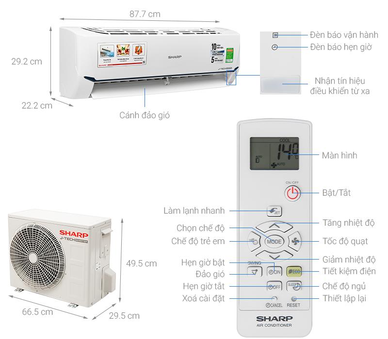 kích thước ĐIỀU HÒA SHARP 1 CHIỀU INVERTER 9000BTU AH-X9XEW