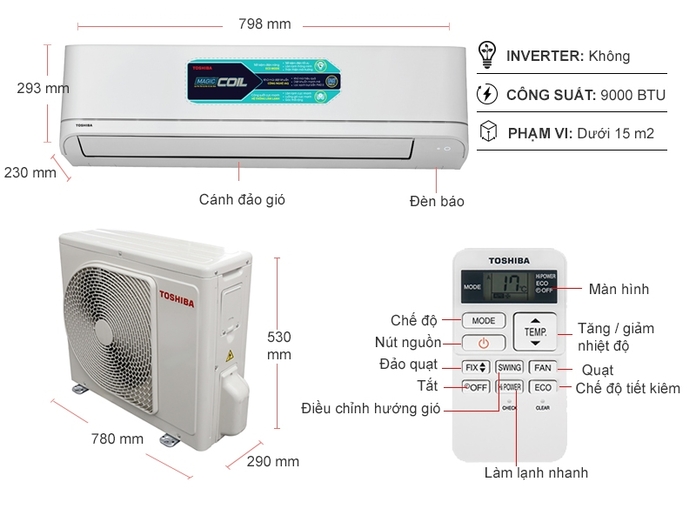 kích thước Điều hòa Toshiba 1 HP RAS-H10U2KSG-V