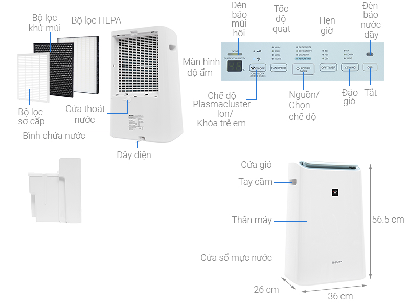 Lọc không khí và hút ẩm 16 lít SHARP DW-E16FA-W   