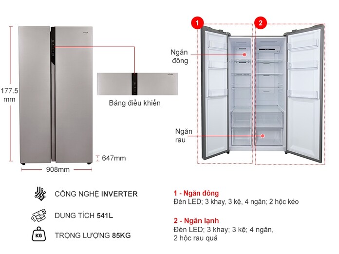 Tủ lạnh Aqua side by side inverter 541 lít AQR-S541XA(SG) chính hãng giá rẻ