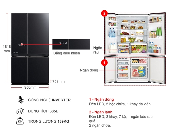 Tủ lạnh Mitsubishi Electric Inverter 635 lít 4 cánh MR-L78EN (GBK-V đen và GSL-V bạc)