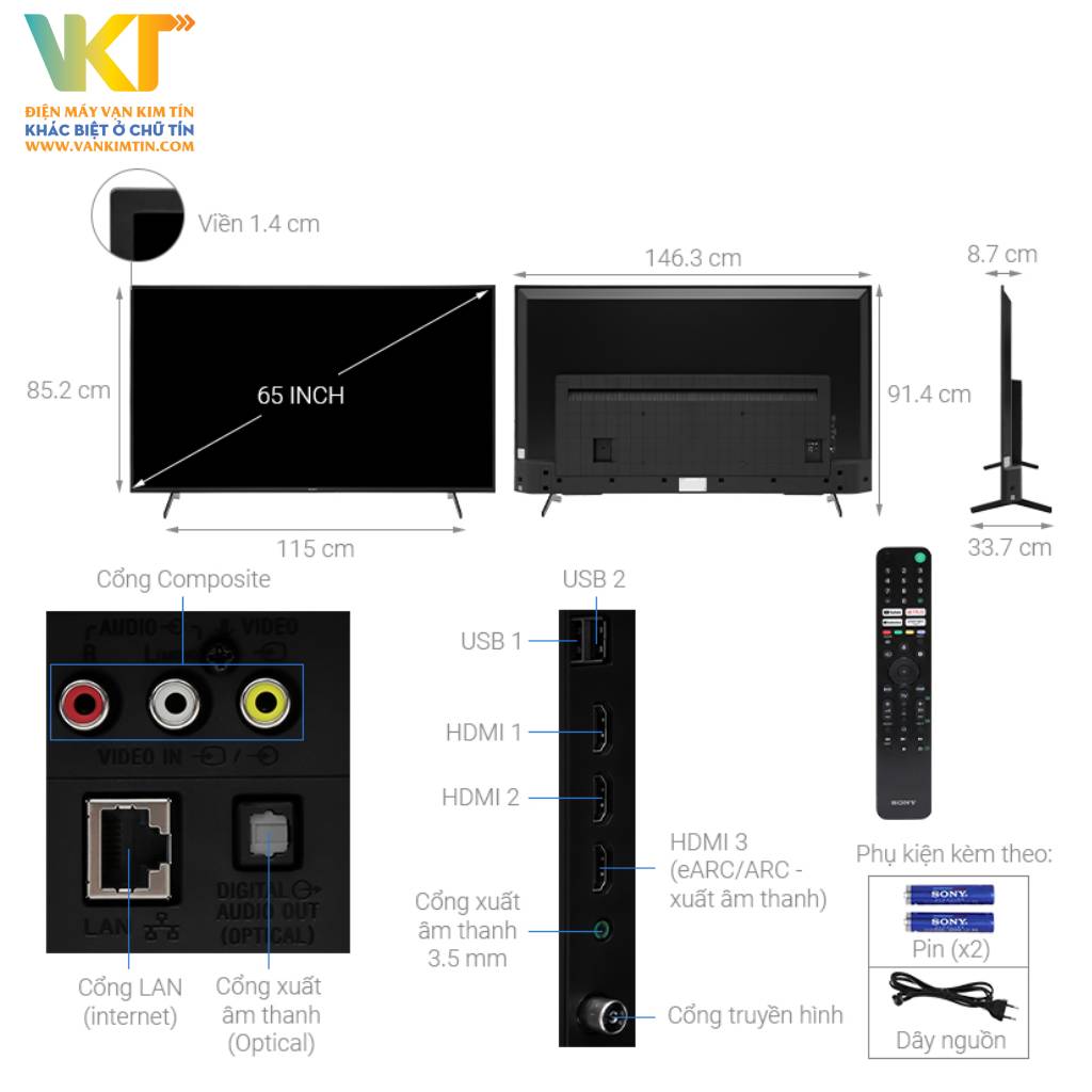 Google Tivi Sony 4K 65 inch KD-65X75K - Thông số kỹ thuật