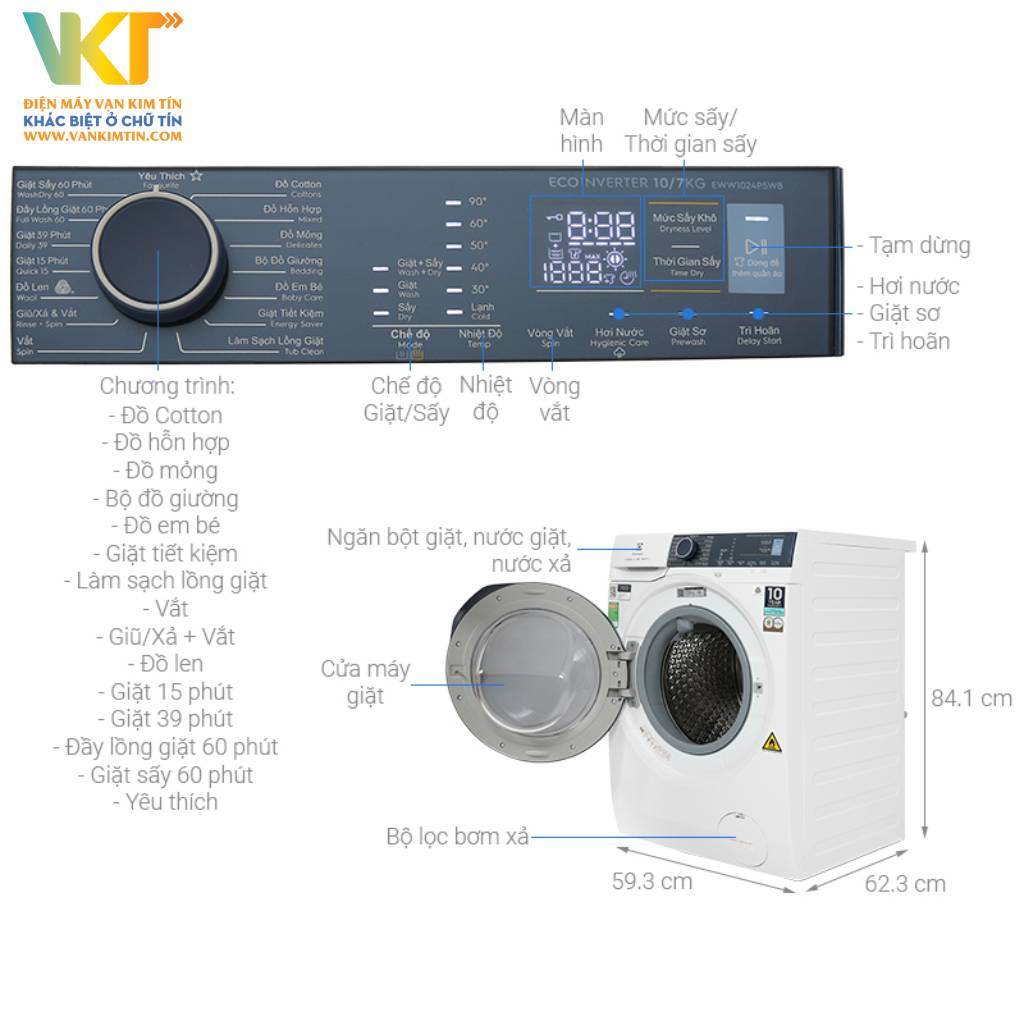Máy giặt sấy Electrolux EWW1024P5WB - Thông số kỹ thuật
