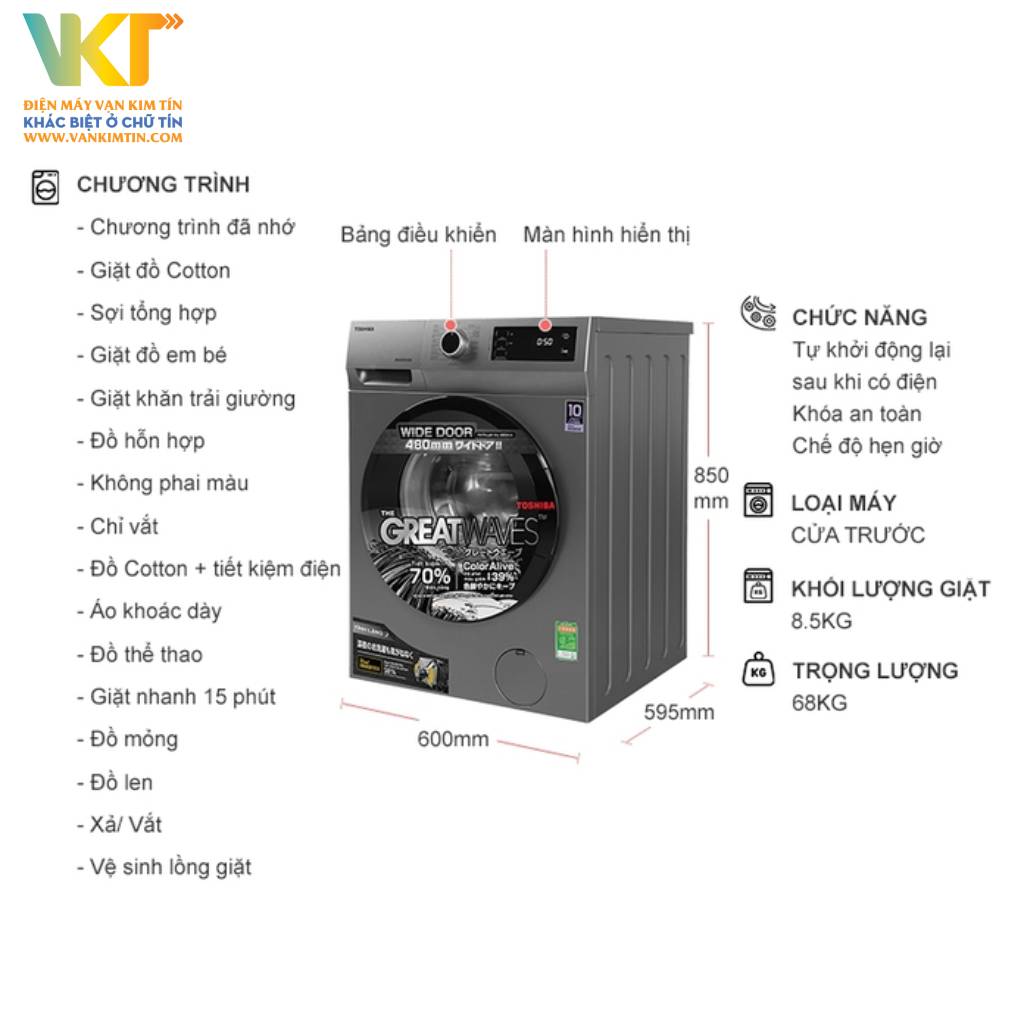 Máy giặt Toshiba Inverter 8.5 kg TW-BK95S3V(SK) - Khối lượng giặt 8.5 kg và 10 chương trình giặt cài đặt sẵn