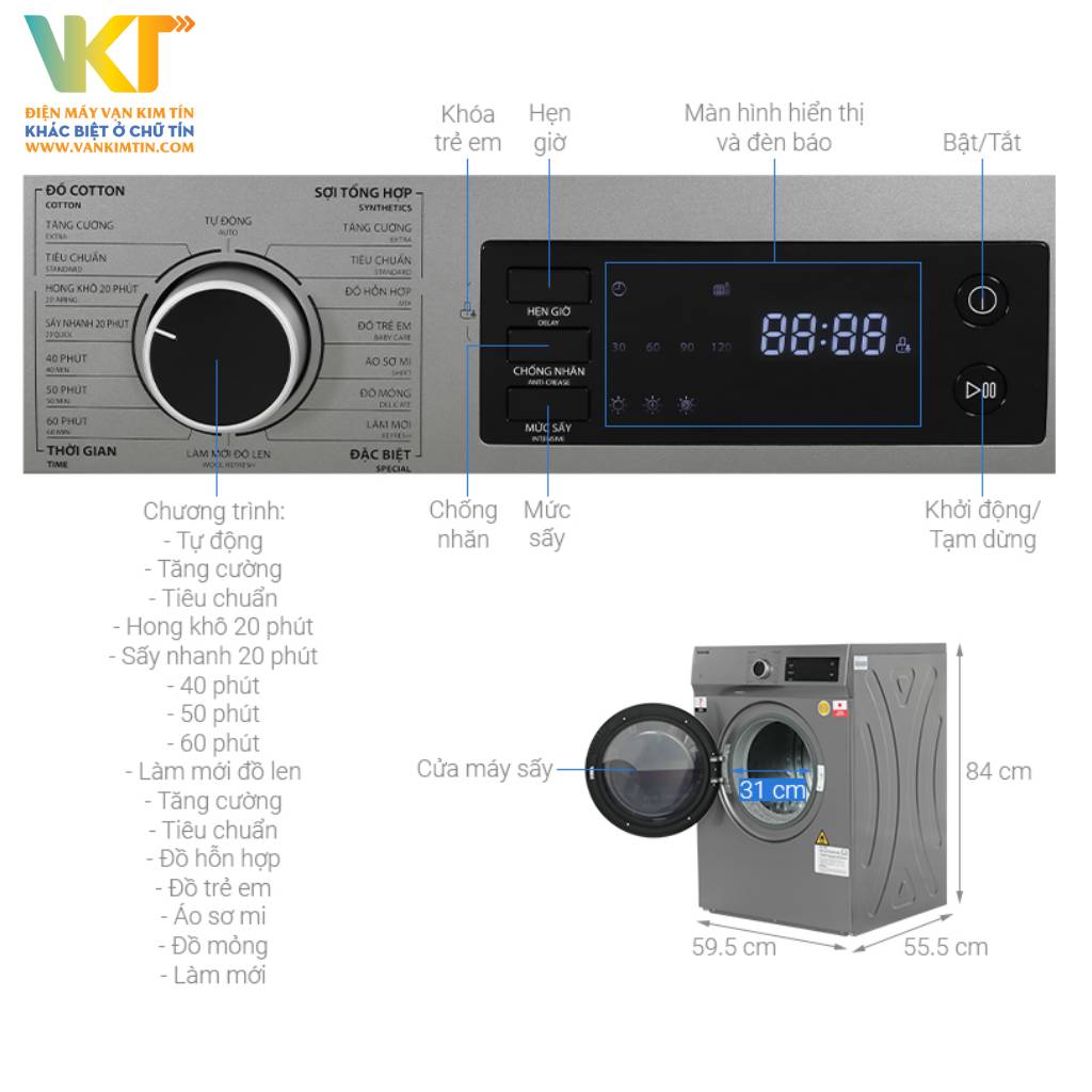 Máy sấy Toshiba 7 kg TD-H80SEV(SK) - Thông số kỹ thuật