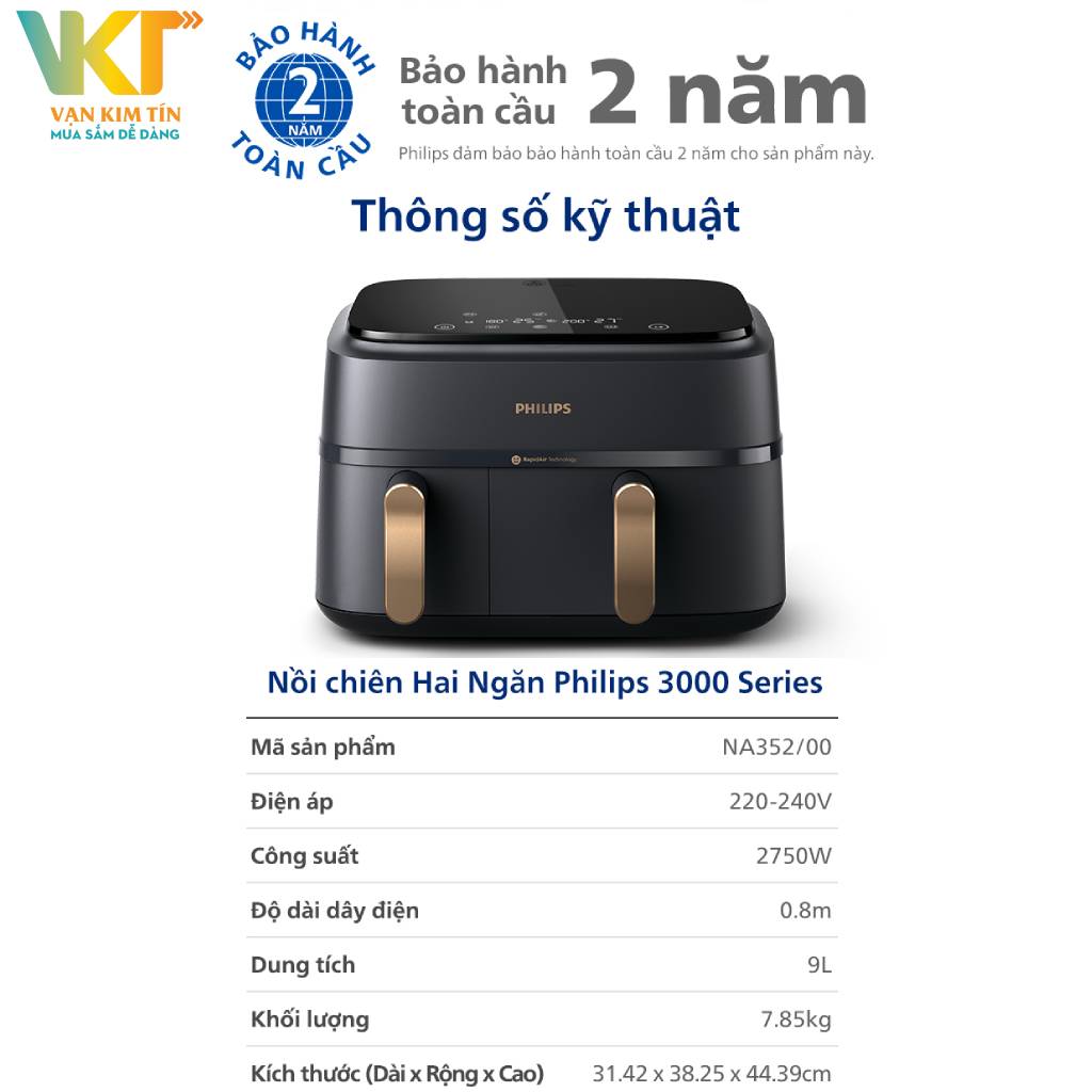Nồi chiên không dầu Philips hai giỏ NA352/00 - Thông số kỹ thuật