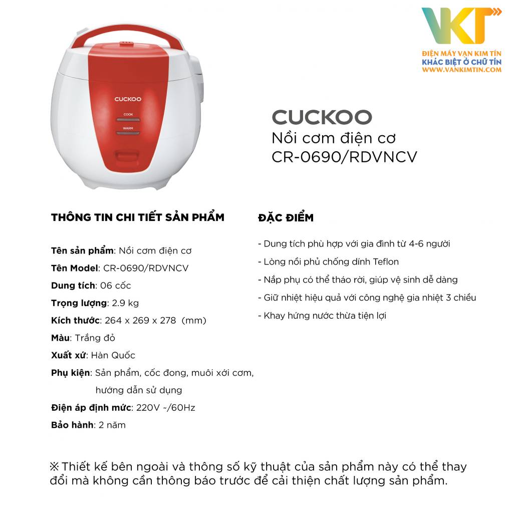 Nồi cơm điện nắp gài Cuckoo 1.08 lít CR-0690 - Thông số kỹ thuật