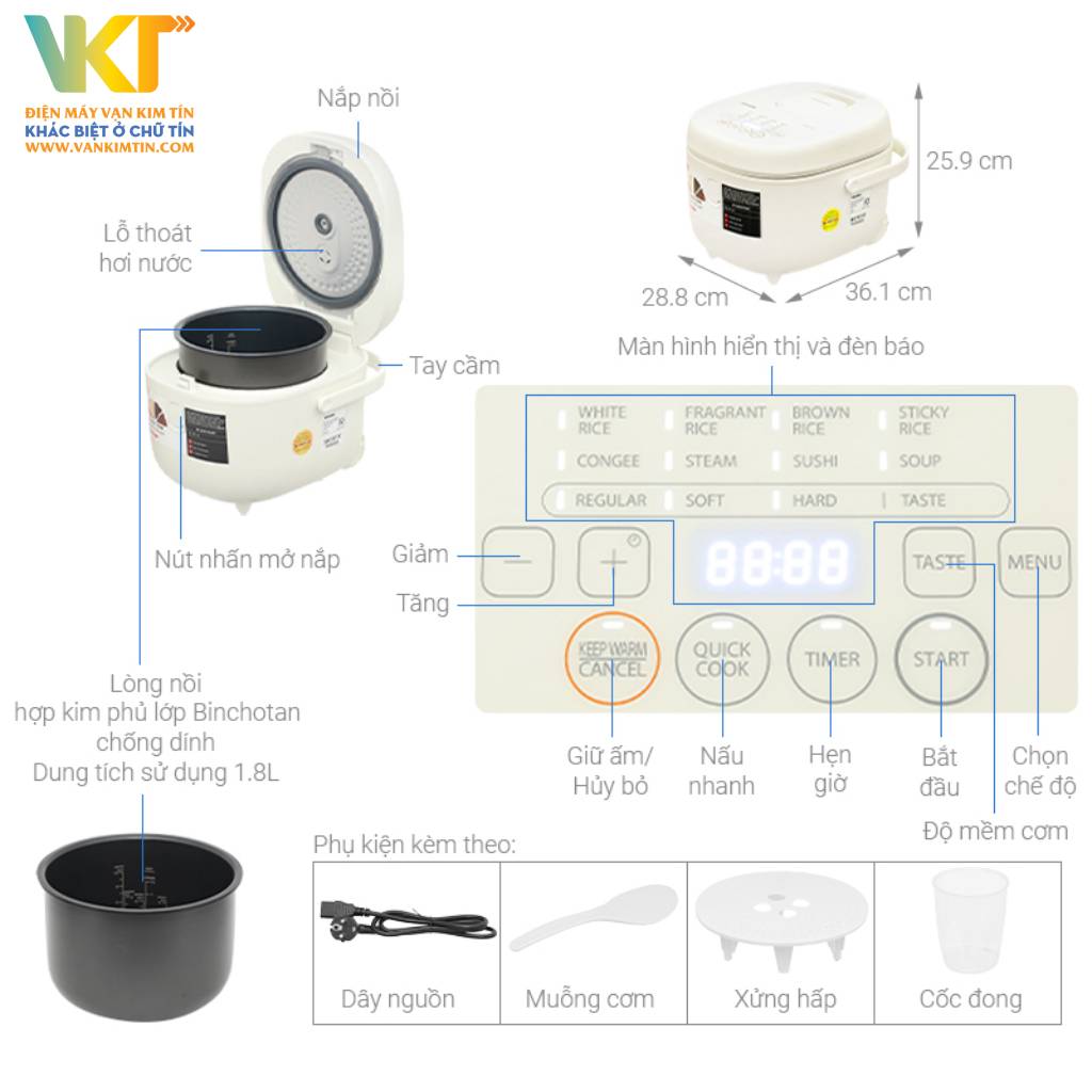 Nồi cơm điện tử Toshiba 1.8 lít RC-18DR4TVN(W) - Thông số kỹ thuật