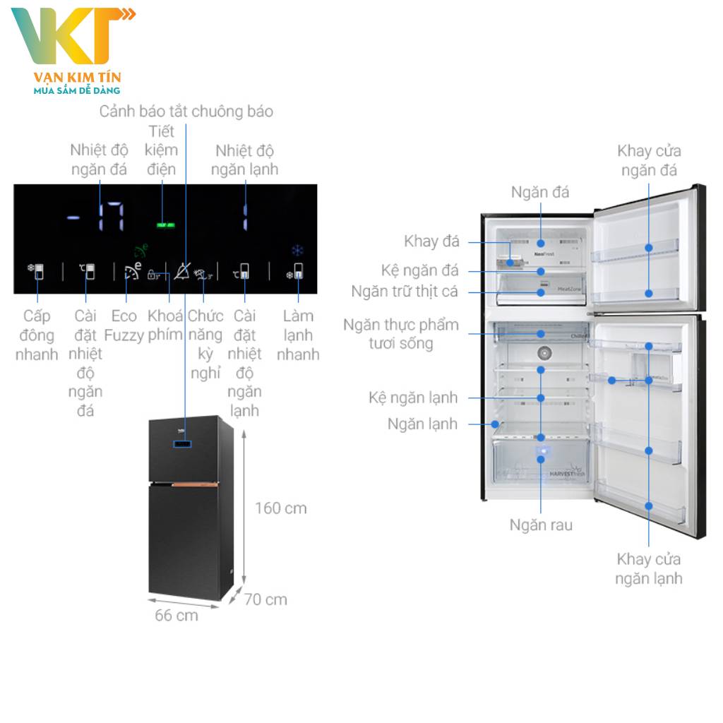 Tủ lạnh Beko Inverter 340 lít RDNT371E50VZK -Thông số kỹ thuật