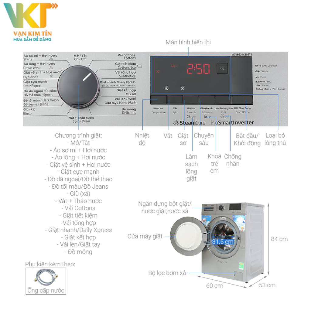 Máy giặt Beko Inverter 8 kg WCV8614XB0STS