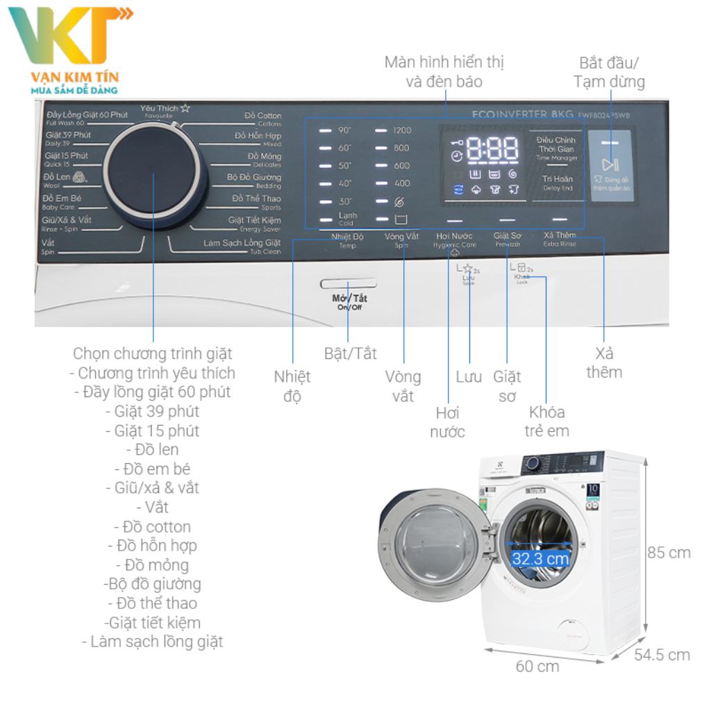 Máy giặt Electrolux Inverter 8 kg EWF8024P5WB