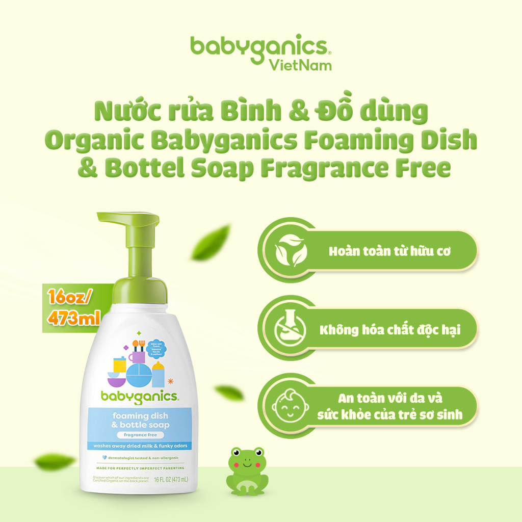 Nước rửa Bình & Đồ dùng đa năng không mùi Organic Babyganics Dish Soap Fragrance Free, an toàn cho bé (16oz/473ml)