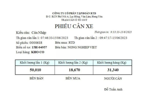 Mẫu phiếu cân xe số 2