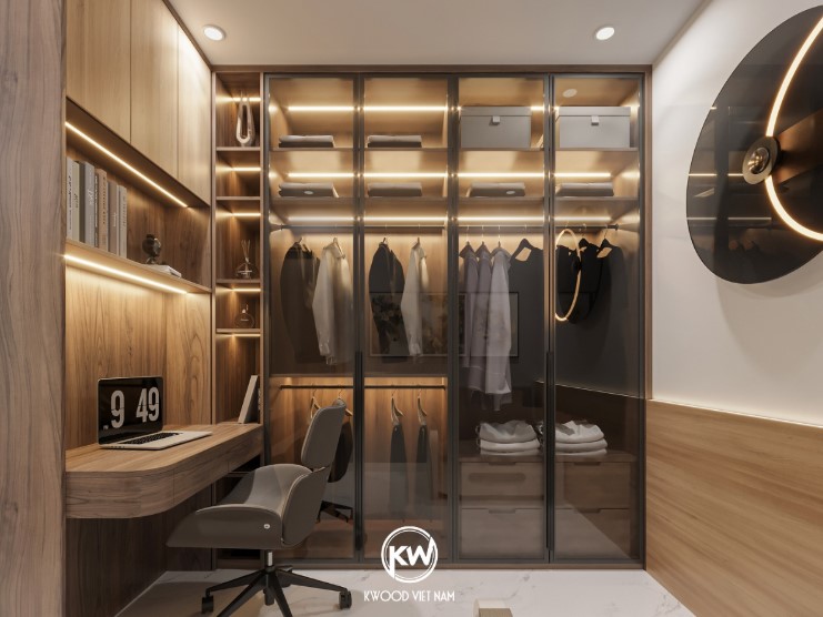 Mẫu tủ quần áo thông minh kết hợp bàn làm việc hiện đại