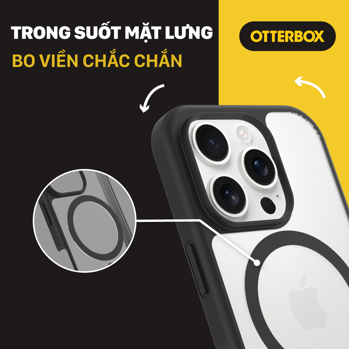 OtterBox React MagSafe có mặt lưng trong suốt, bo viền chắc chắn