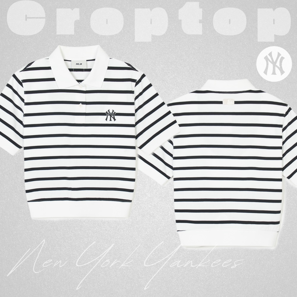 Áo Croptop MLB Korea Women's Varsity Striped Collar New York Yankees Ivory