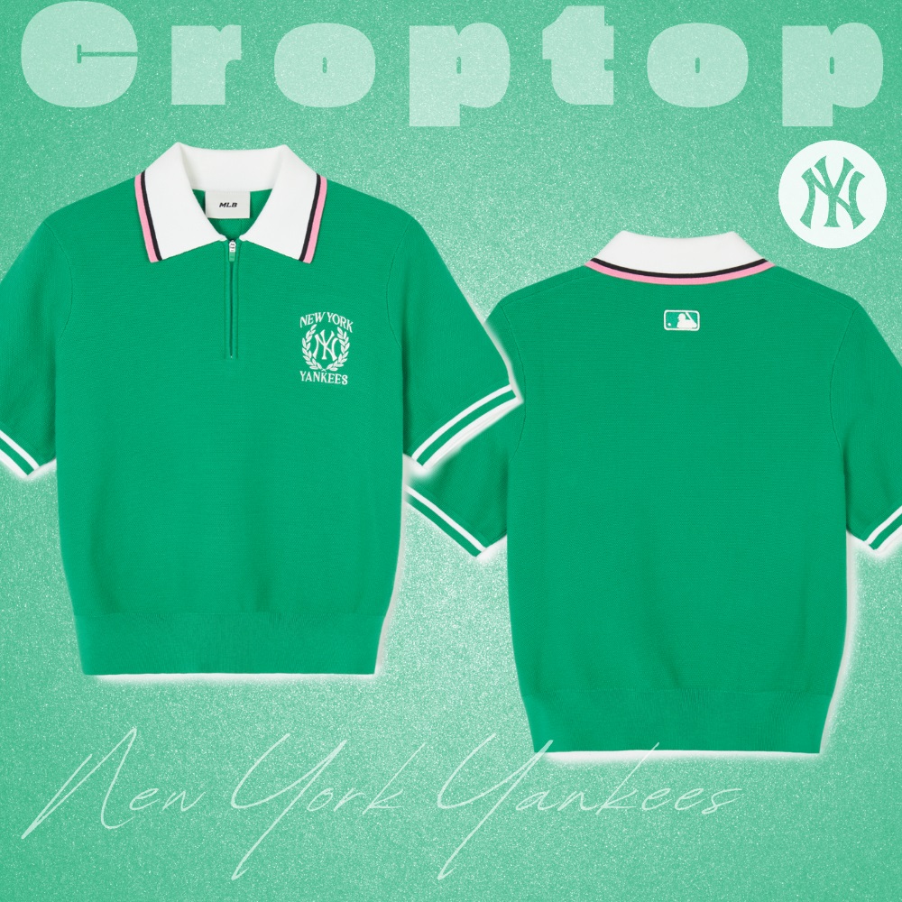 Áo Croptop MLB Korea Women's Sportive Varsity Half Zip Up New York Yankees Green