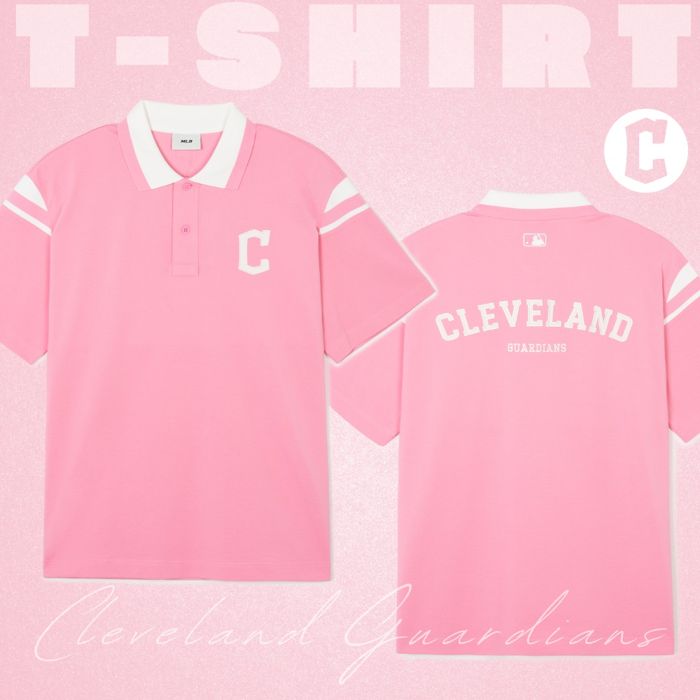 Áo Polo MLB Korea Varsity Shoulder Color Overfit Collar Cleveland Guardians Pink