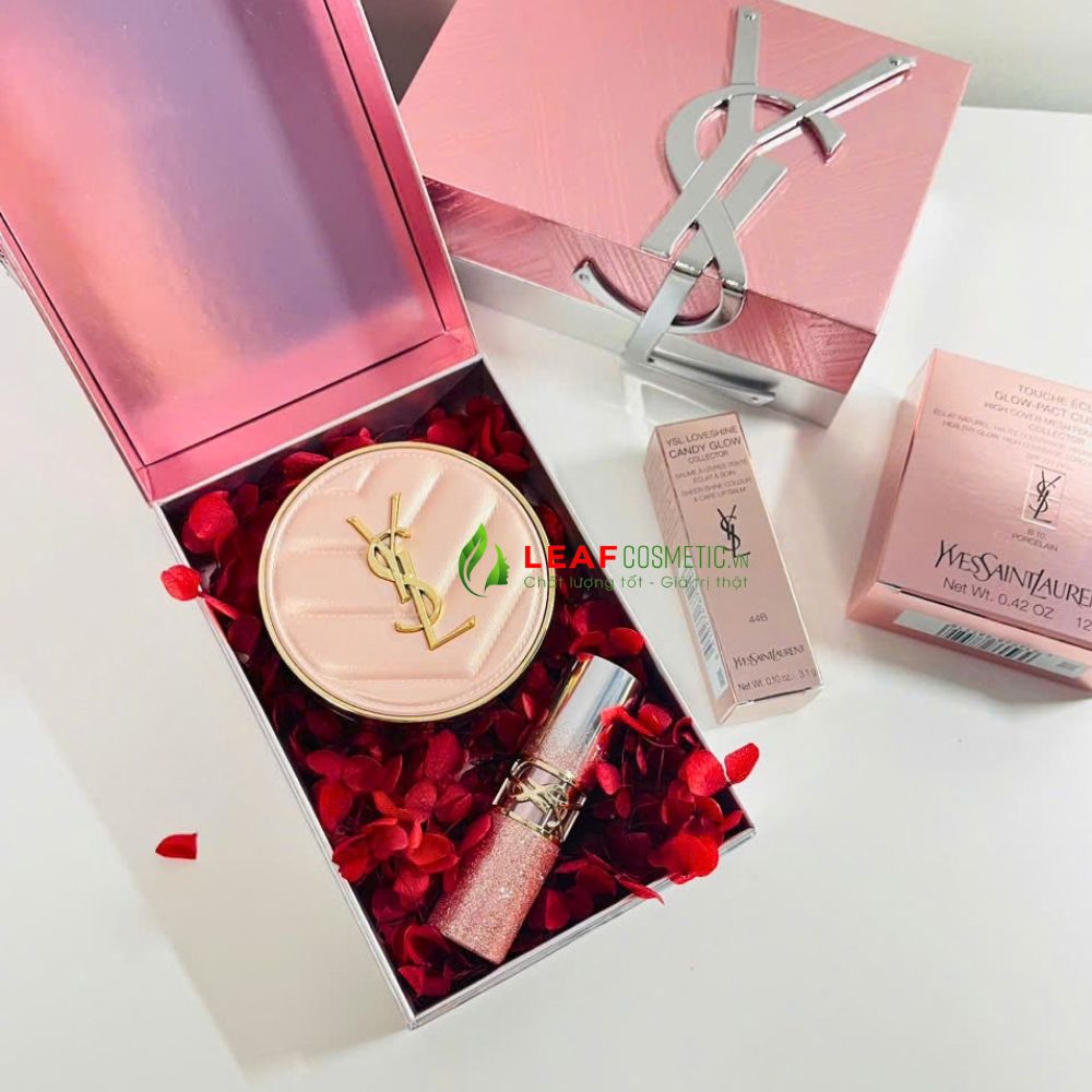 Set quà YSL cushion hồng B10 và son dưỡng Candy Glow 44B vỏ Bling
